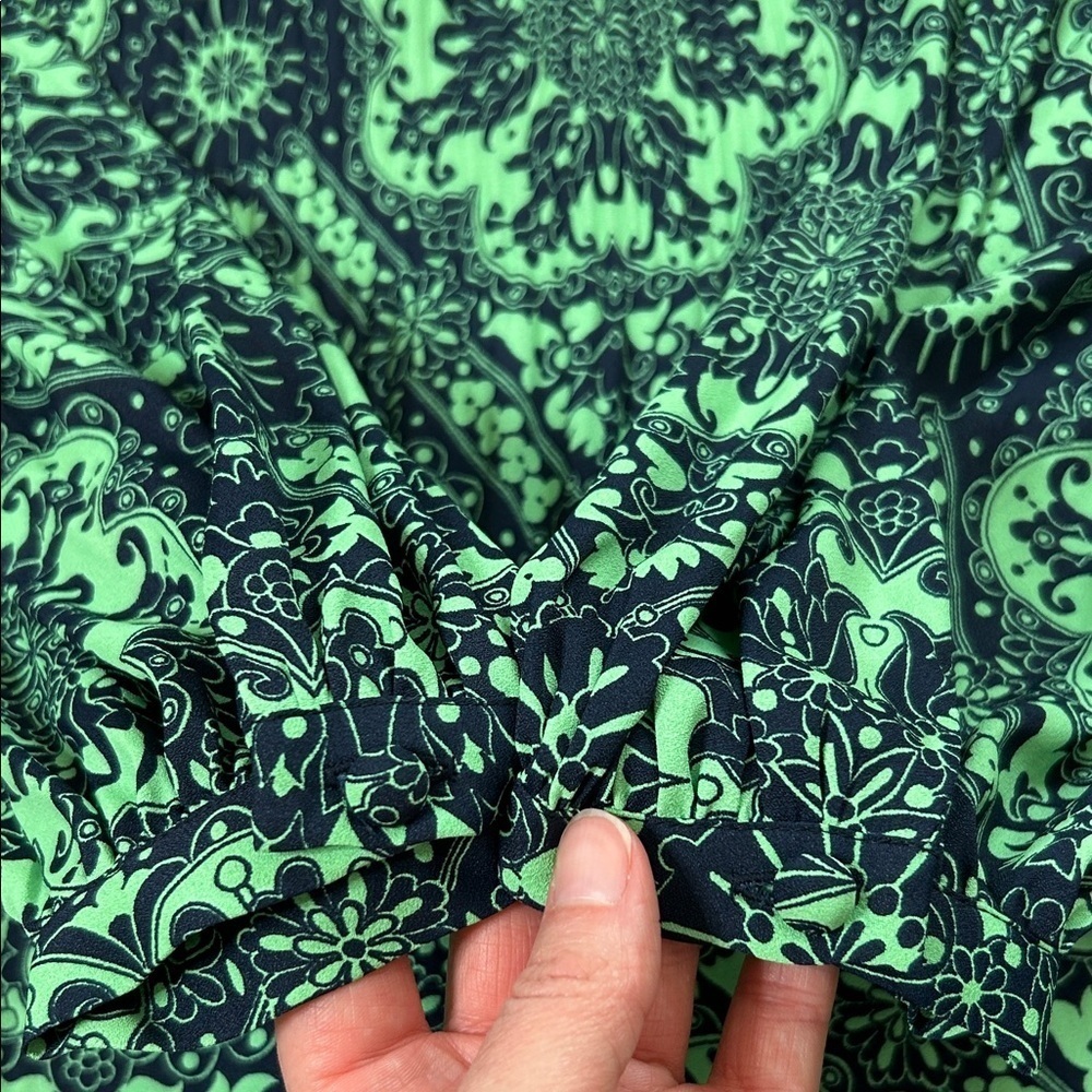 NWT LOFT Green Navy Long Sleeve Dress Knee Length Plisse Pleat Puff Sleeve Small - Picture 13 of 13